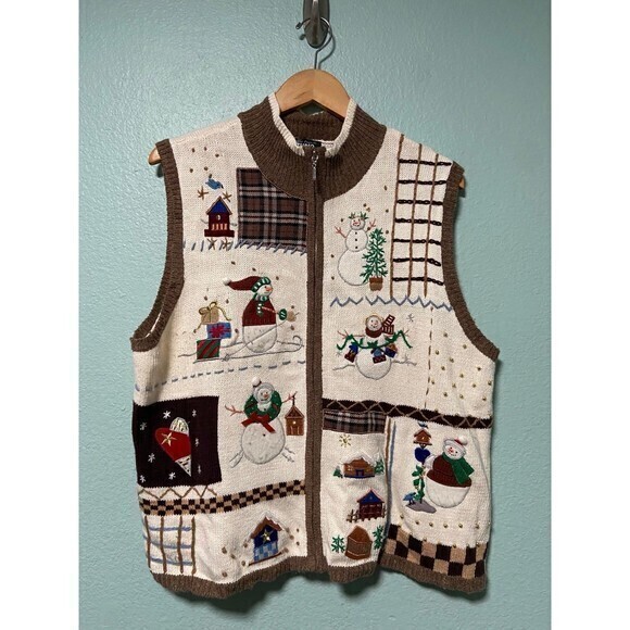Vintage Designers Studio Women's Cream and Brown Snowman Holiday Sweater Vest XL - Picture 1 of 9